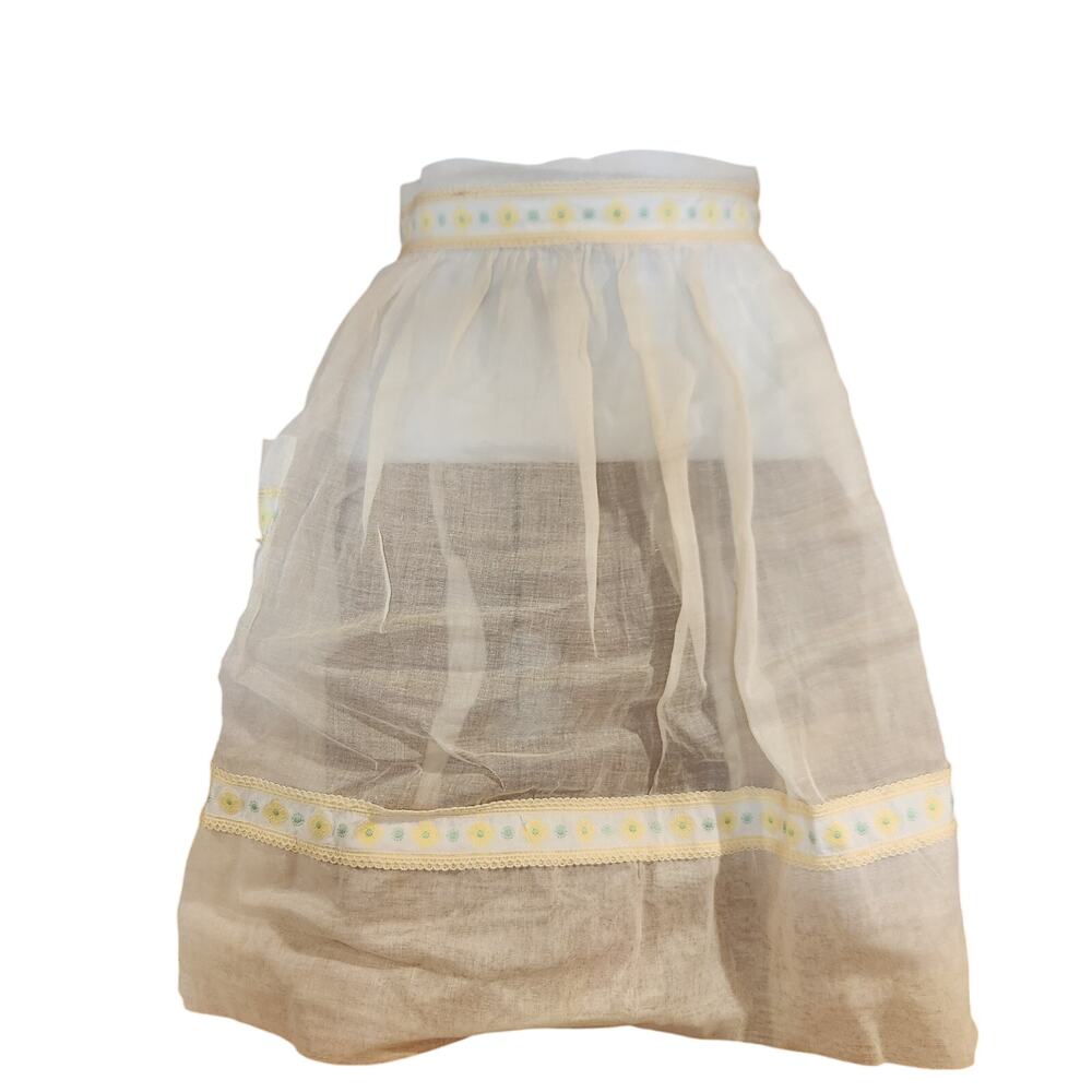 Vintage 50's Sheer‎ White And Yellow Waist Apron W/flower Embroidery